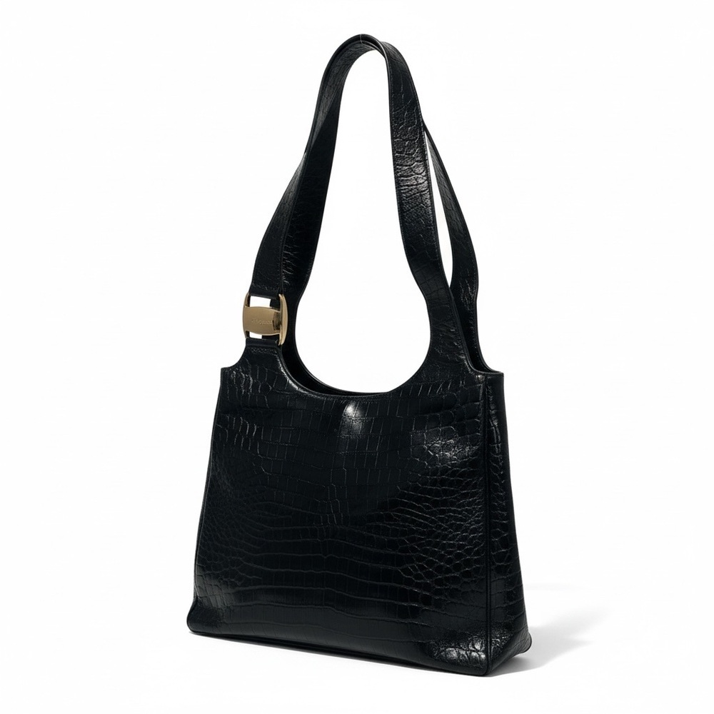 🔻Salvatore Ferragamo Black Croc Embossed Leather Shoulder Bag Gold Hardware COA